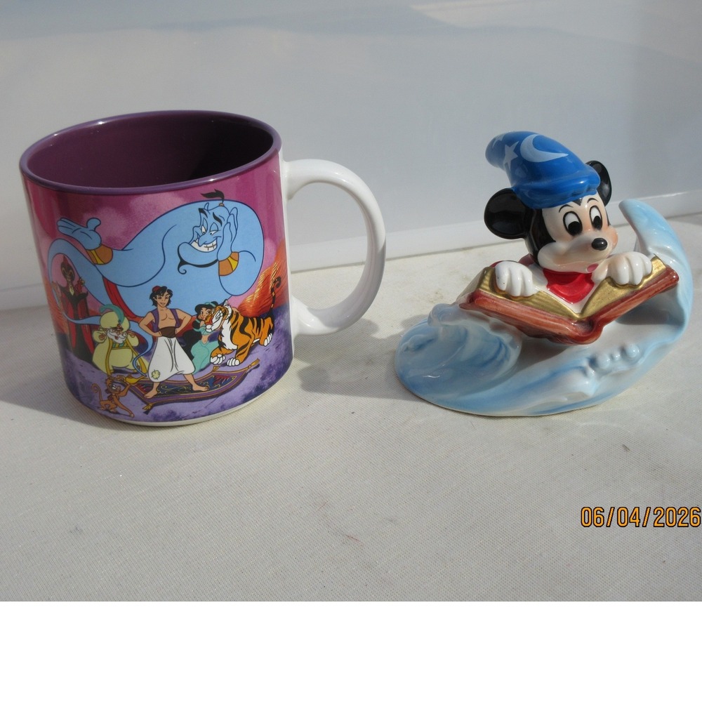 Disney Aladdin Coffee Mug & Sorcerer Mickey Mouse Fantasia Figurine Japan Bundle